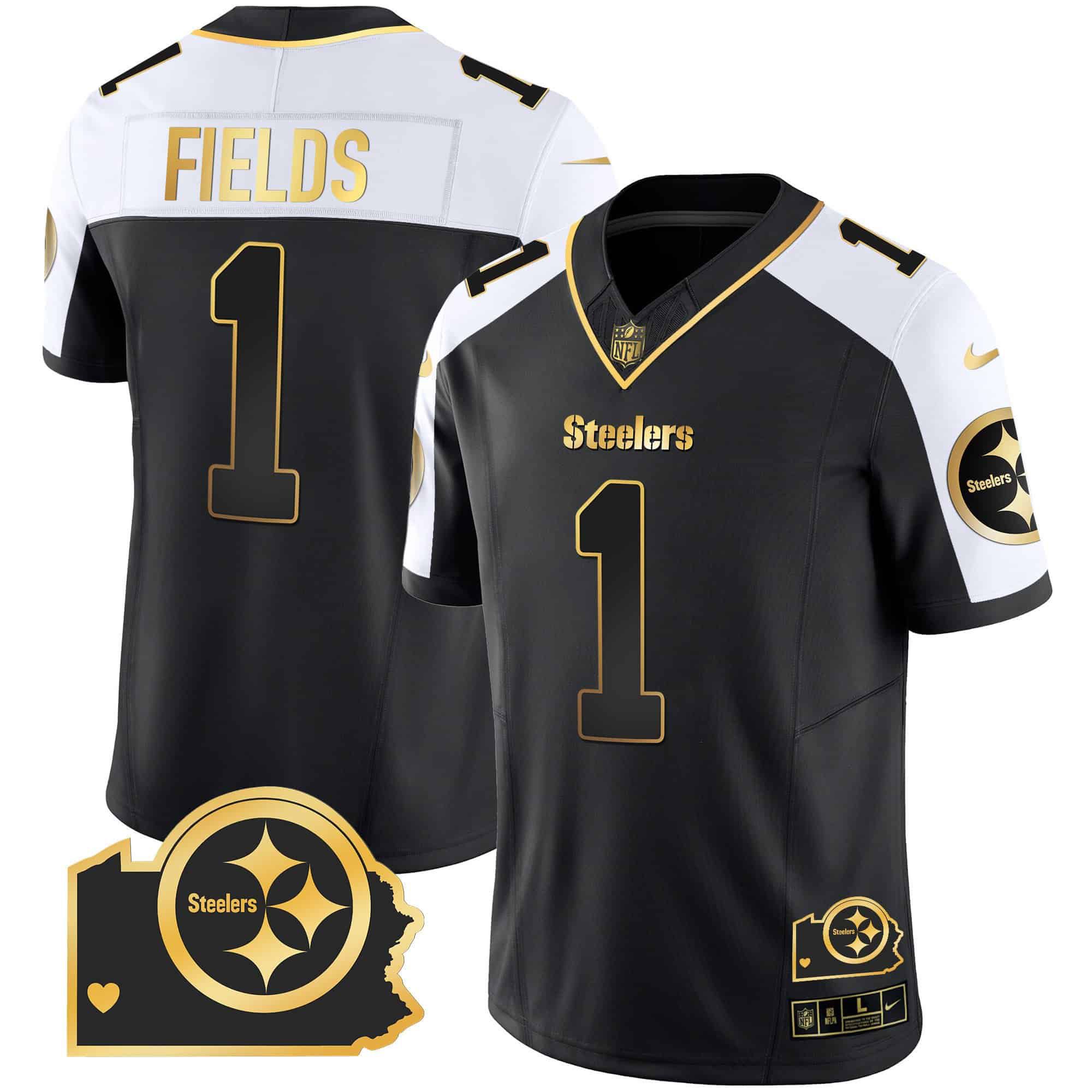 Men Pittsburgh Steelers 1 Fields Black Gold 2024 Nike Home Patch Vapor Limited NFL Jersey